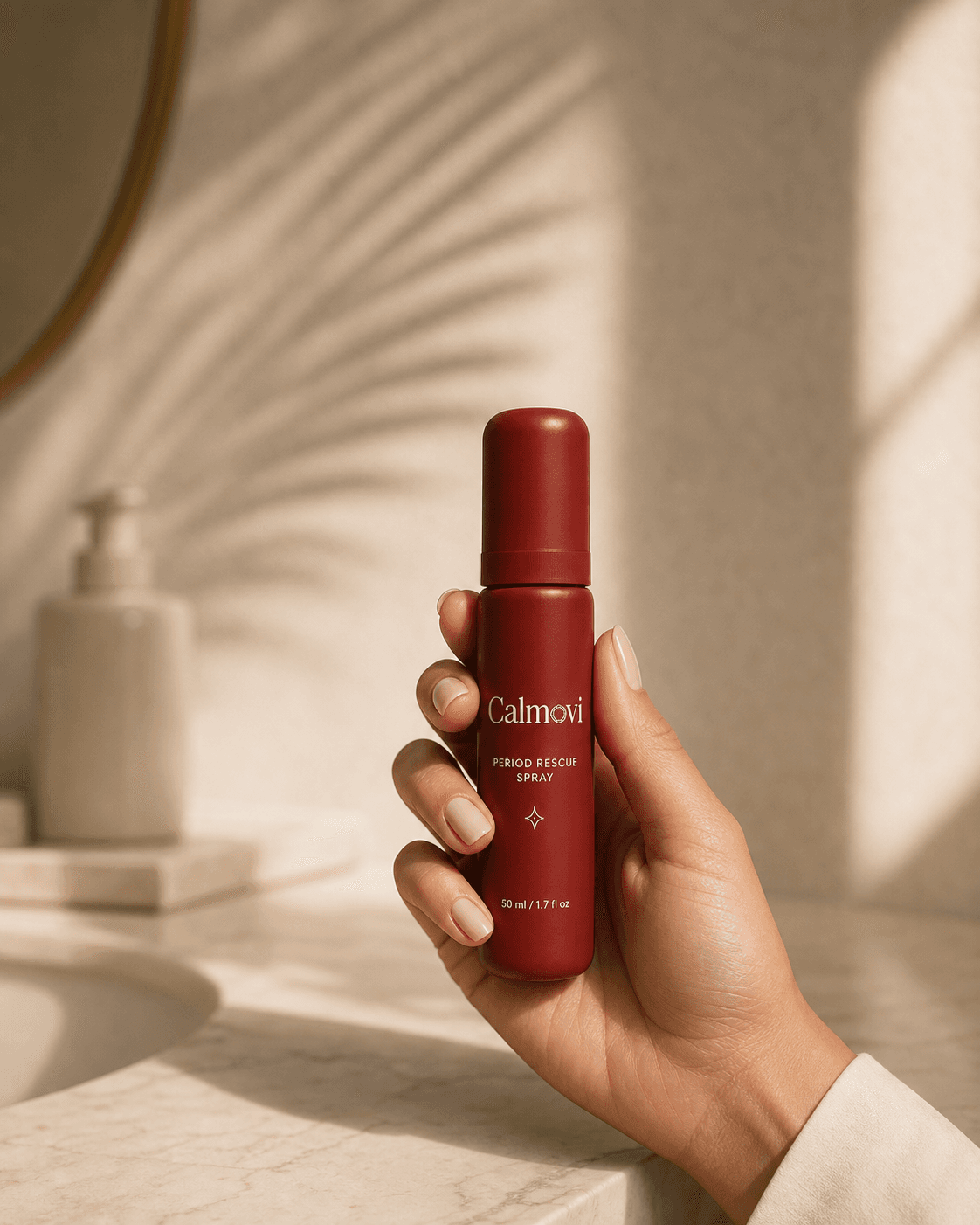 Hand holding the refillable Calmovi Period Rescue Spray